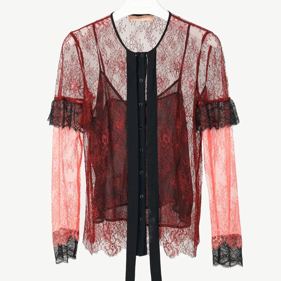 Twinset Burgundy & Pink Lace Ruffle Tie-Neck Blouse - Picture 2 of 10